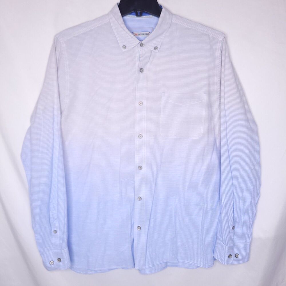32 Bar Blues Shirt Mens Large Striped Blue Ombre Cotton Linen Blend Long Sleeve